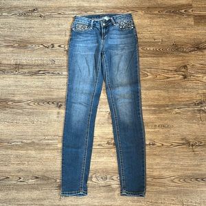 Candies Blue Jean Denim Jeggings Whiskered Bejeweled Stretch Sparkle 0